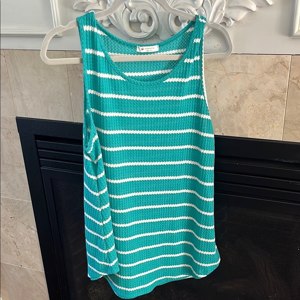 Aqua and White Striped waffle knit Tank Top